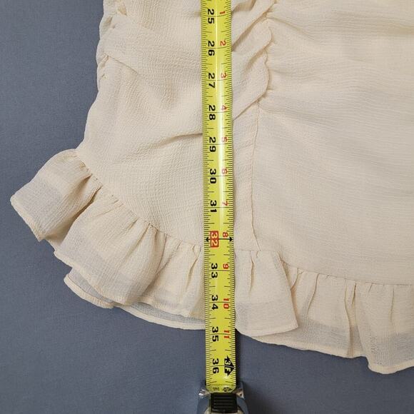 HYFVE Dress Cream Ruched Mini Dress Small Puff Sleeve Ruffle Hem Flirty Romantic - Picture 6 of 6